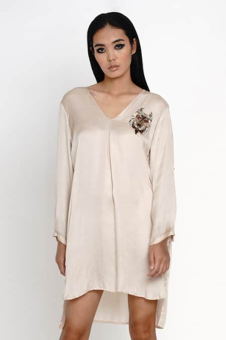 Buy_Angry Owl_Beige Modal V Neck High-low Dress _Online_at_Aza_Fashions