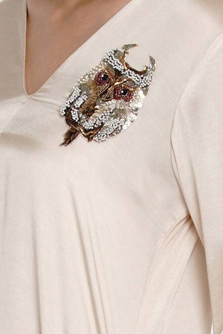 Shop_Angry Owl_Beige Modal V Neck High-low Dress _Online_at_Aza_Fashions