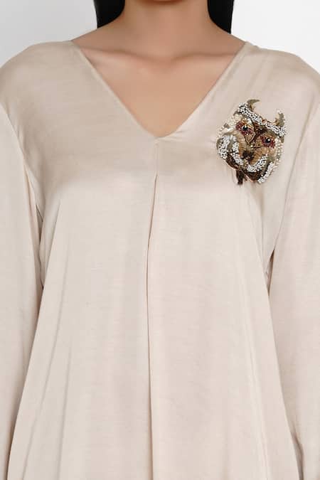 Angry Owl_Beige Modal V Neck High-low Dress _at_Aza_Fashions