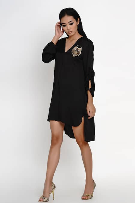 Angry Owl_Black Modal V Neck High-low Dress _Online_at_Aza_Fashions