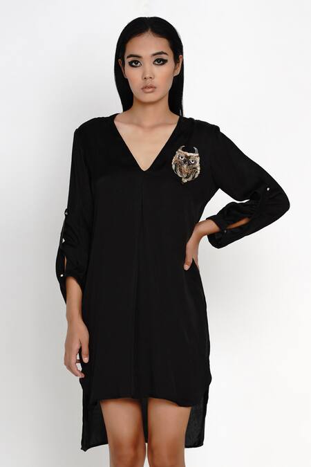 Buy_Angry Owl_Black Modal V Neck High-low Dress _Online_at_Aza_Fashions