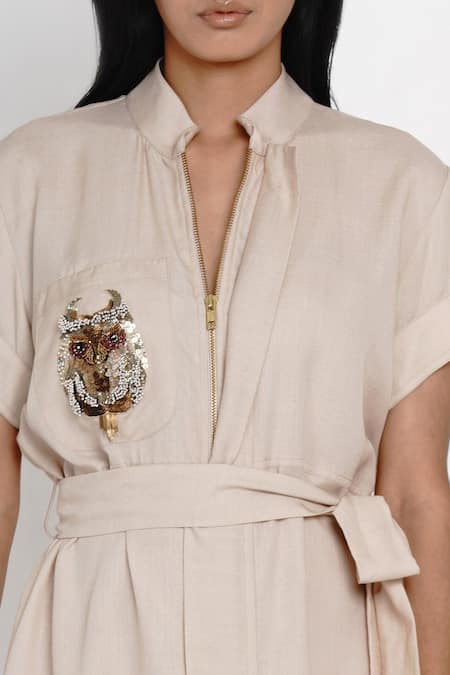 Buy Angry Owl Beige Bamboo Cotton Mandarin Collar Shirt Dress Online at Aza Fashions Buy_Angry Owl_Beige Bamboo Cotton Mandarin Collar Shirt Dress _Online_at_Aza_Fashions