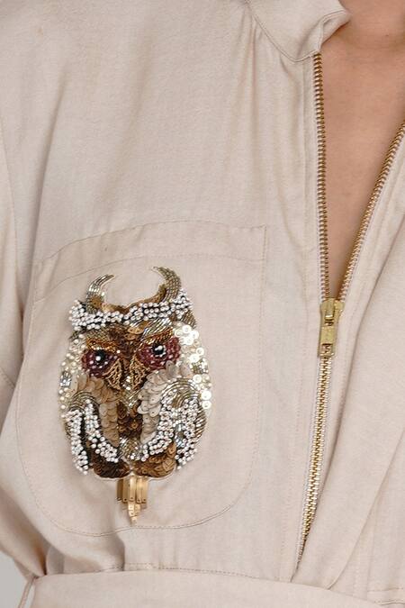 Shop Angry Owl Beige Bamboo Cotton Mandarin Collar Shirt Dress Online at Aza Fashions Shop_Angry Owl_Beige Bamboo Cotton Mandarin Collar Shirt Dress _Online_at_Aza_Fashions