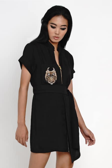 Angry Owl Black Bamboo Cotton Mandarin Collar Shirt Dress Online at Aza Fashions Angry Owl_Black Bamboo Cotton Mandarin Collar Shirt Dress _Online_at_Aza_Fashions