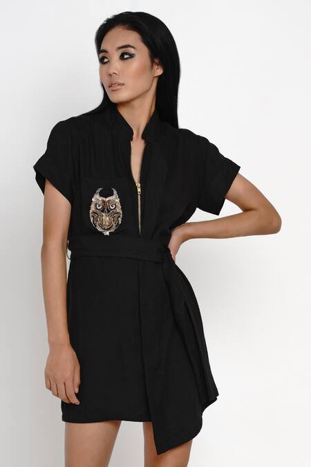 Buy Angry Owl Black Bamboo Cotton Mandarin Collar Shirt Dress Online at Aza Fashions Buy_Angry Owl_Black Bamboo Cotton Mandarin Collar Shirt Dress _Online_at_Aza_Fashions