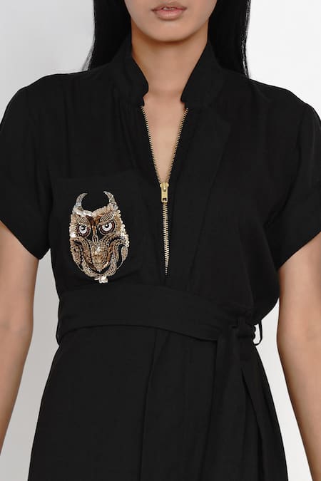 Shop Angry Owl Black Bamboo Cotton Mandarin Collar Shirt Dress Online at Aza Fashions Shop_Angry Owl_Black Bamboo Cotton Mandarin Collar Shirt Dress _Online_at_Aza_Fashions