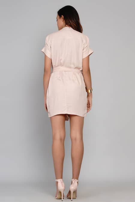 Shop Angry Owl Pink Bamboo Cotton Mandarin Collar Shirt Dress at Aza Fashions Shop_Angry Owl_Pink Bamboo Cotton Mandarin Collar Shirt Dress _at_Aza_Fashions