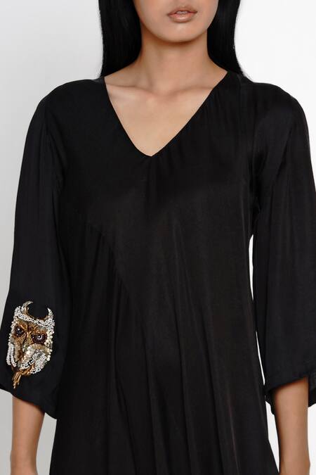 Buy Angry Owl Black Modal V Neck Draped Dress Online at Aza Fashions Buy_Angry Owl_Black Modal V Neck Draped Dress _Online_at_Aza_Fashions