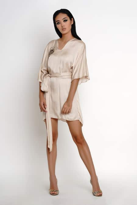 Angry Owl Beige Modal V Neck Flared Sleeve Dress