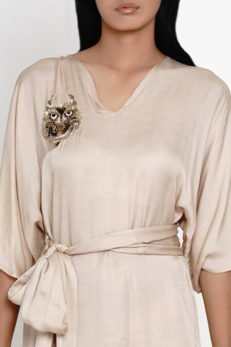 Shop Angry Owl Beige Modal V Neck Flared Sleeve Dress Online at Aza Fashions Shop_Angry Owl_Beige Modal V Neck Flared Sleeve Dress _Online_at_Aza_Fashions
