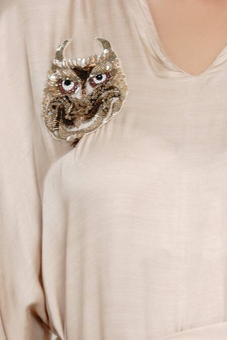 Angry Owl_Beige Modal V Neck Flared Sleeve Dress _at_Aza_Fashions