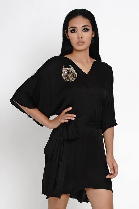 Angry Owl_Black Modal V Neck Flared Sleeve Dress _Online_at_Aza_Fashions