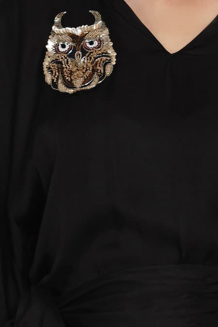 Angry Owl_Black Modal V Neck Flared Sleeve Dress _at_Aza_Fashions