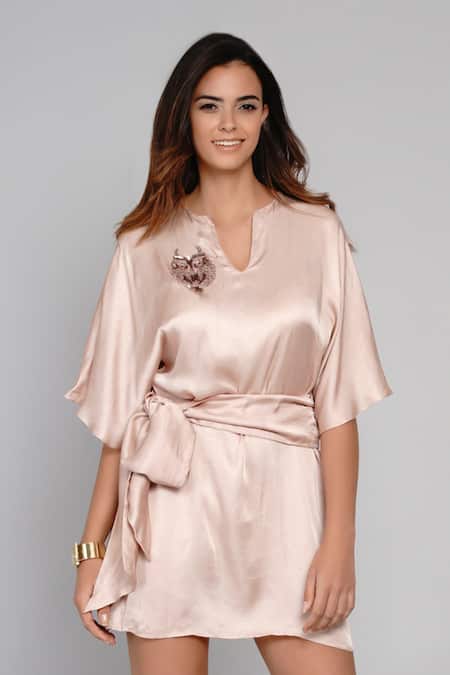 Shop_Angry Owl_Pink Modal V Neck Flared Sleeve Dress _Online_at_Aza_Fashions