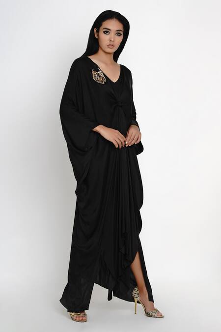 Angry Owl_Black Modal V Neck Knotted Kaftan _Online_at_Aza_Fashions