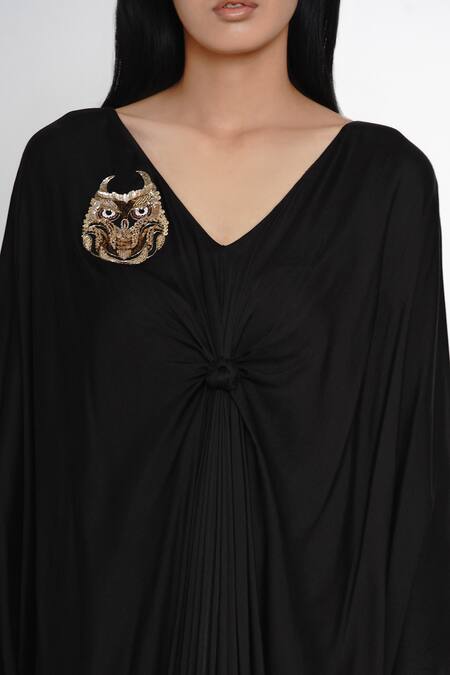 Buy_Angry Owl_Black Modal V Neck Knotted Kaftan _Online_at_Aza_Fashions