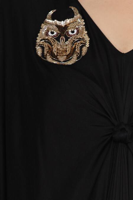 Shop_Angry Owl_Black Modal V Neck Knotted Kaftan _Online_at_Aza_Fashions