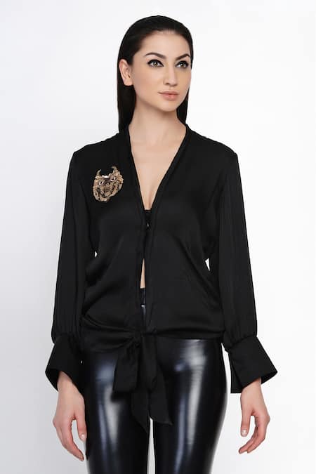 Buy_Angry Owl_Black Modal V Neck Tie Up Top _Online_at_Aza_Fashions