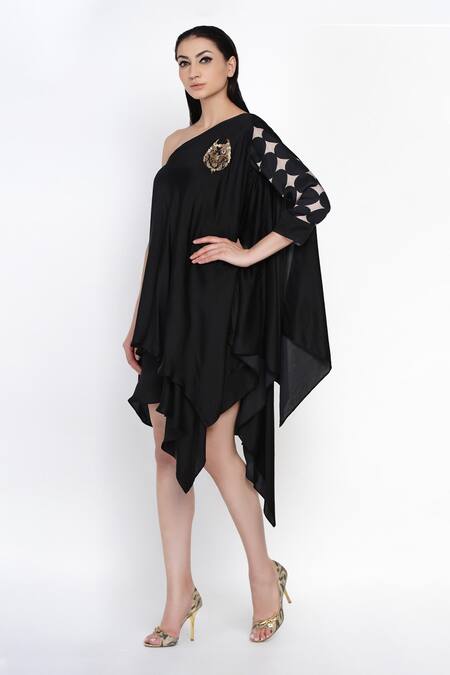 Angry Owl_Black Modal One Shoulder Asymmetric Dress _Online_at_Aza_Fashions