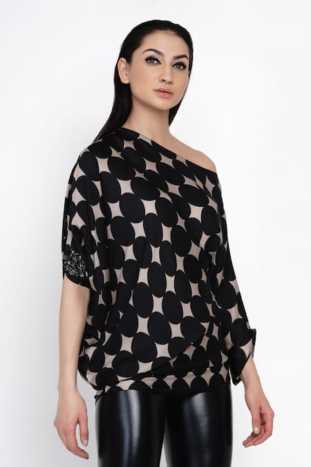 Angry Owl_Black Modal One Shoulder Printed Top _Online_at_Aza_Fashions