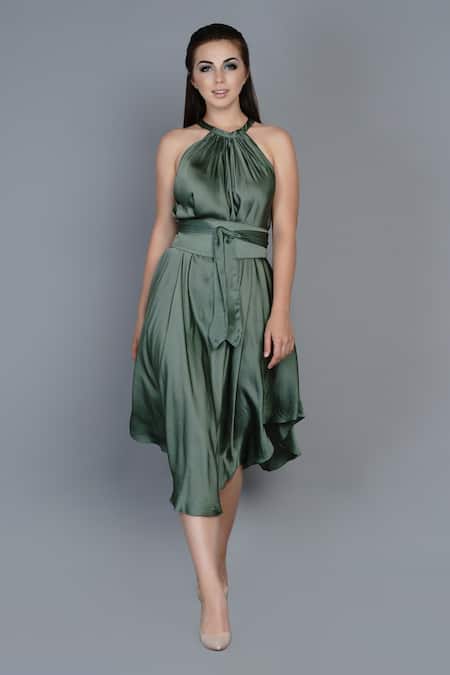 Angry Owl Green Modal Halter Flared Dress 