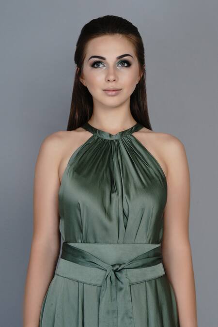 Angry Owl_Green Modal Halter Flared Dress _Online_at_Aza_Fashions