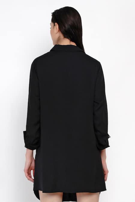 Shop_Angry Owl_Black Bamboo Cotton Collared Neck Tie Up Dress _at_Aza_Fashions