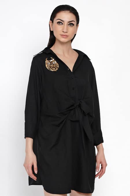 Angry Owl_Black Bamboo Cotton Collared Neck Tie Up Dress _Online_at_Aza_Fashions