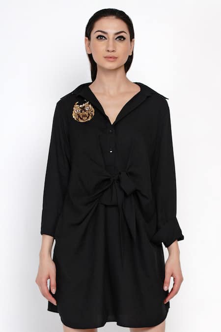 Buy_Angry Owl_Black Bamboo Cotton Collared Neck Tie Up Dress _Online_at_Aza_Fashions