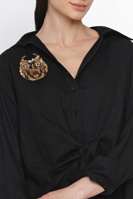 Shop_Angry Owl_Black Bamboo Cotton Collared Neck Tie Up Dress _Online_at_Aza_Fashions