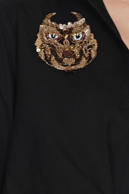 Angry Owl_Black Bamboo Cotton Collared Neck Tie Up Dress _at_Aza_Fashions