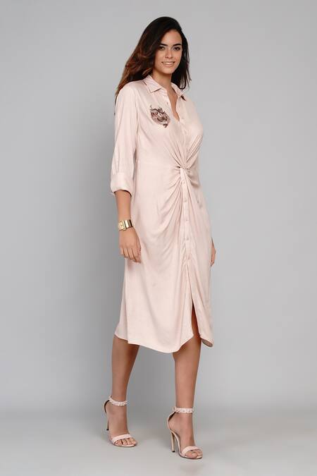 Angry Owl Pink Bamboo Cotton Collared Neck Twisted Knot Shirt Dress Online at Aza Fashions Angry Owl_Pink Bamboo Cotton Collared Neck Twisted Knot Shirt Dress _Online_at_Aza_Fashions