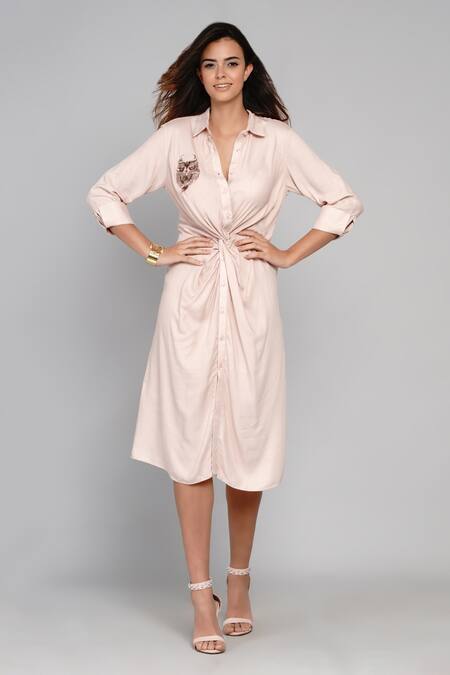 Shop Angry Owl Pink Bamboo Cotton Collared Neck Twisted Knot Shirt Dress Online at Aza Fashions Shop_Angry Owl_Pink Bamboo Cotton Collared Neck Twisted Knot Shirt Dress _Online_at_Aza_Fashions