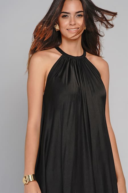 Buy_Angry Owl_Black Modal Halter Flared Dress _Online_at_Aza_Fashions
