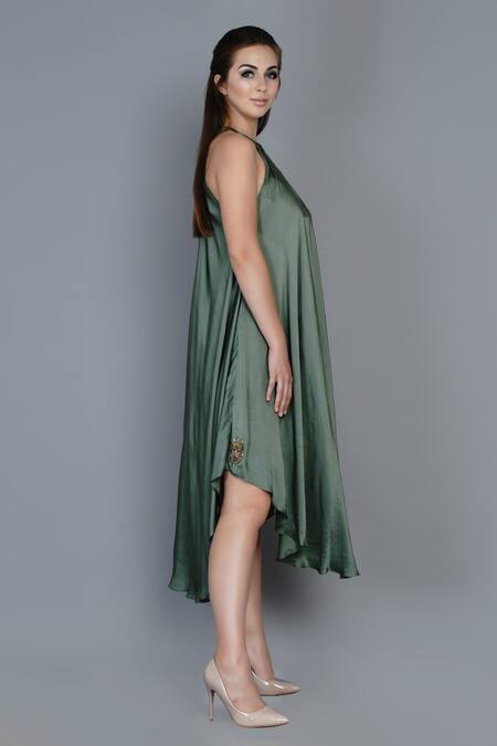 Angry Owl_Green Modal Halter Flared Dress _Online_at_Aza_Fashions