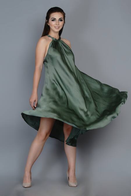 Buy_Angry Owl_Green Modal Halter Flared Dress _Online_at_Aza_Fashions