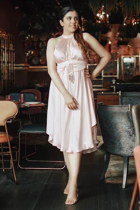 Buy_Angry Owl_Pink Modal Halter Flared Dress _at_Aza_Fashions