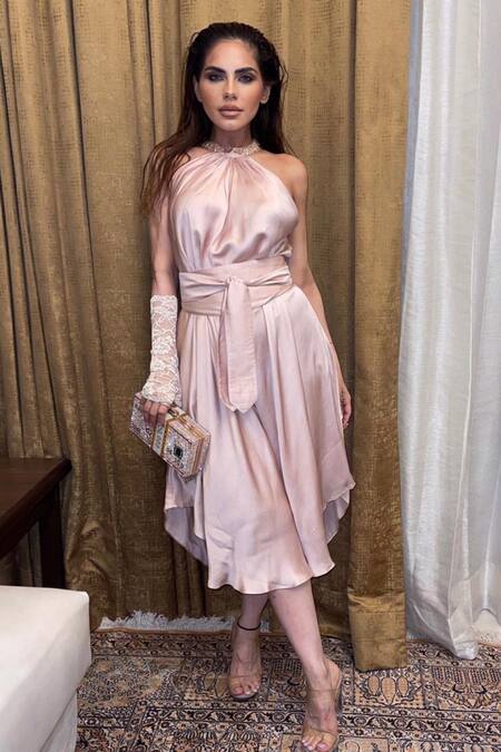 Angry Owl_Pink Modal Halter Flared Dress _Online_at_Aza_Fashions