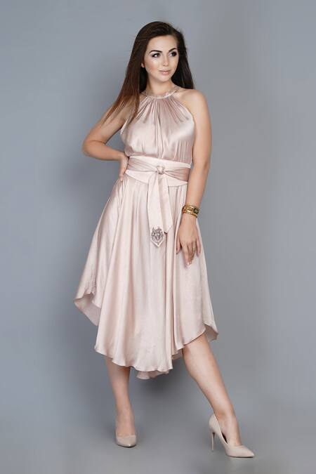 Buy_Angry Owl_Pink Modal Halter Flared Dress _Online_at_Aza_Fashions