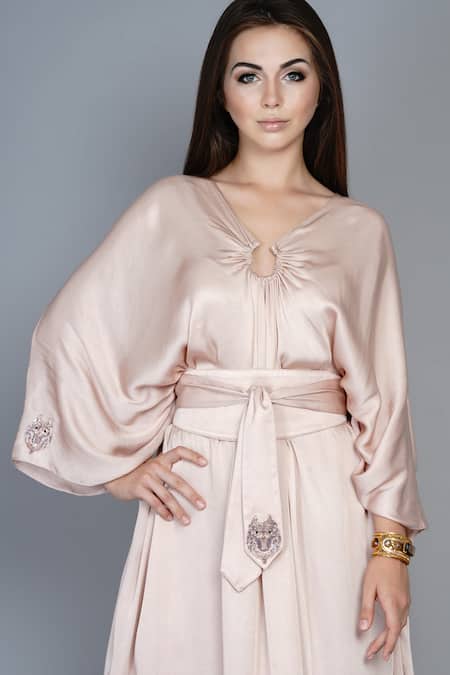 Buy_Angry Owl_Pink Modal V Neck Asymmetric Kaftan Dress _Online_at_Aza_Fashions