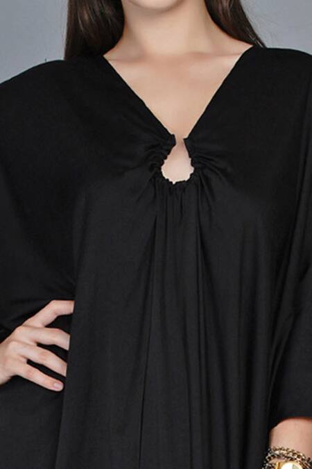 Angry Owl_Black Modal V Neck Asymmetric Kaftan Dress _Online_at_Aza_Fashions