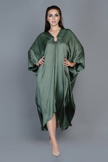 Buy_Angry Owl_Green Modal V Neck Asymmetric Kaftan Dress _Online_at_Aza_Fashions