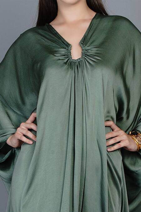 Shop_Angry Owl_Green Modal V Neck Asymmetric Kaftan Dress _Online_at_Aza_Fashions