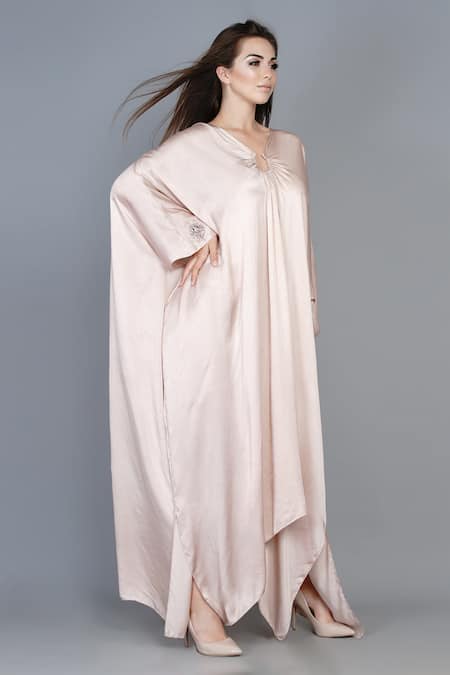 Buy_Angry Owl_Pink Modal V Neck Asymmetric Kaftan Dress _Online_at_Aza_Fashions