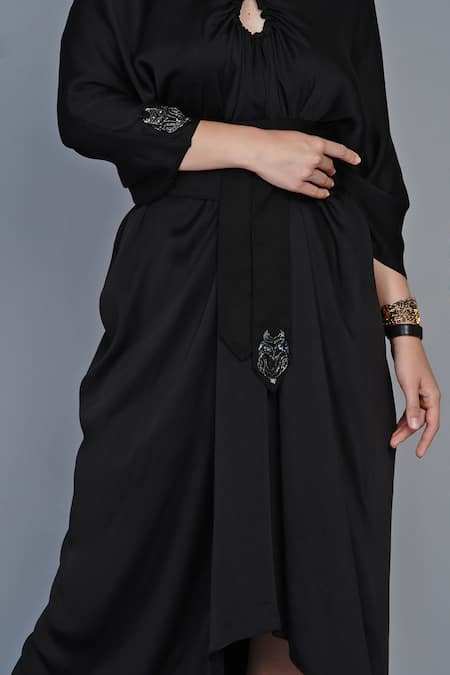 Angry Owl_Black Modal V Neck Asymmetric Kaftan Dress _Online_at_Aza_Fashions