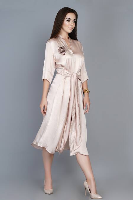 Angry Owl_Pink Modal V Neck Knotted Dress _Online_at_Aza_Fashions