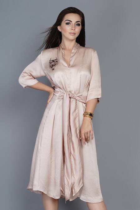 Buy_Angry Owl_Pink Modal V Neck Knotted Dress _Online_at_Aza_Fashions