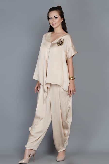 Angry Owl_Beige Modal V Neck Asymmetric Top And Dhoti Pant Set _Online_at_Aza_Fashions