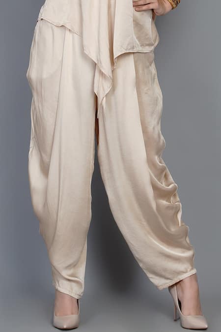Buy_Angry Owl_Beige Modal V Neck Asymmetric Top And Dhoti Pant Set _Online_at_Aza_Fashions