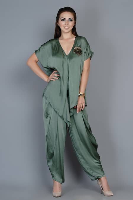 Angry Owl Green Modal Embroidery V Neck Asymmetric Top And Dhoti Pant Set 
